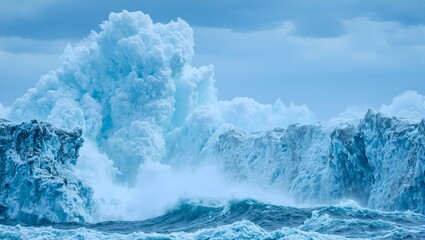 Fototapeta premium Powerful arctic storm unleashes towering icy waves against rugged cliffs under dark skies Dynamic seascape of natures raw fury