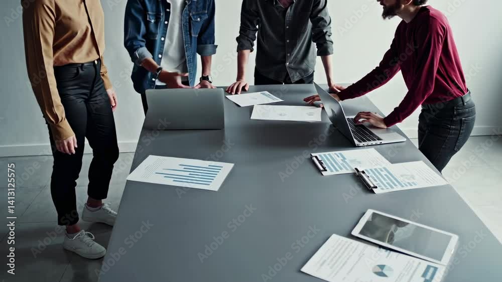 Poster Business team collaborating on a project, analyzing data on laptops and printed documents, engaging in discussion and strategic planning around a table in a modern office environment