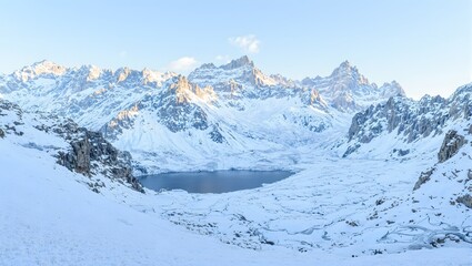 Obraz premium A stunning isolated snow covered mountain range with a frozen lake reflecting the towering peaks under a clear sky
