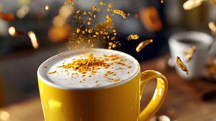 A yellow coffee cup with a white foam on top. Generated using AI.