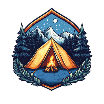 Camping Adventure Emblem with Nature Icons &ndash; Vintage Wilderness Badge Featuring Hiking, Survival Elements, Mountains, Trees, and Outdoor Gear Design for Scouts and Explorers