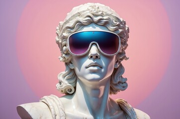 Sculpture of a classic figure wearing modern sunglasses against a colorful background
