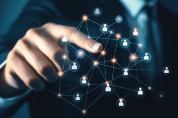 A hand reaching to touch a network of interconnected people icons with glowing nodes and lines