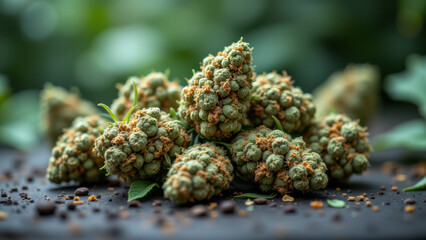 A close-up view of crystalline THCA buds on a dark surface with crushed flowers beneath them.