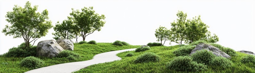 Winding pathway through lush green landscape nature scene tranquil environment scenic viewpoint serenity and beauty