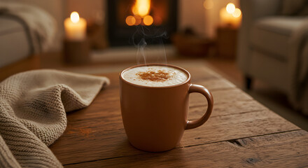 Steaming Cappuccino on Wooden Table with Fireplace and Candles for Cozy Atmosphere