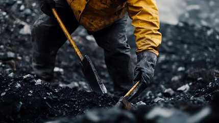 Mining worker handling tools at a mining site. Featuring labor and tool usage