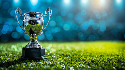 UEFA Championship Football Trophy on Green Grass Field with Bright Lights