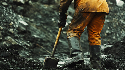 Mining worker handling tools at a mining site. Featuring labor and tool usage