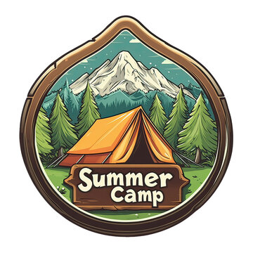 Camping Adventure Emblem with Nature Icons &ndash; Vintage Wilderness Badge Featuring Hiking, Survival Elements, Mountains, Trees, and Outdoor Gear Design for Scouts and Explorers