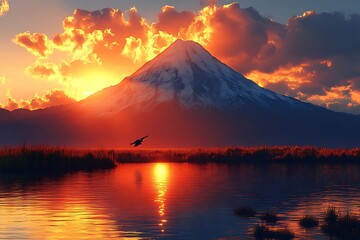 Fototapeta premium Majestic volcano summit bathed in fiery sunset hues.