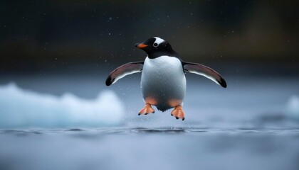 Obraz premium Gentoo penguin taking flight over icy water
