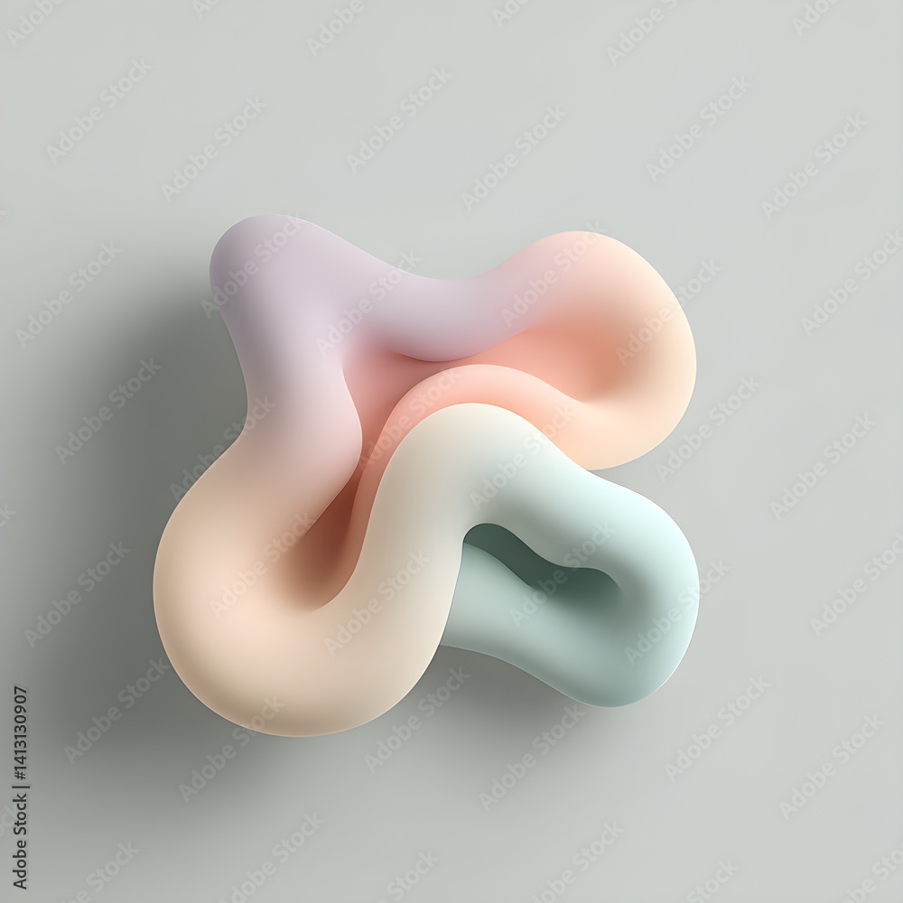 Poster abstract three dimensional fluid shape with soft pastel color gradient on light gray background. mod