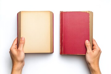 Obraz premium Two hands holding open books with aged pages one red and one with blank pages on white background