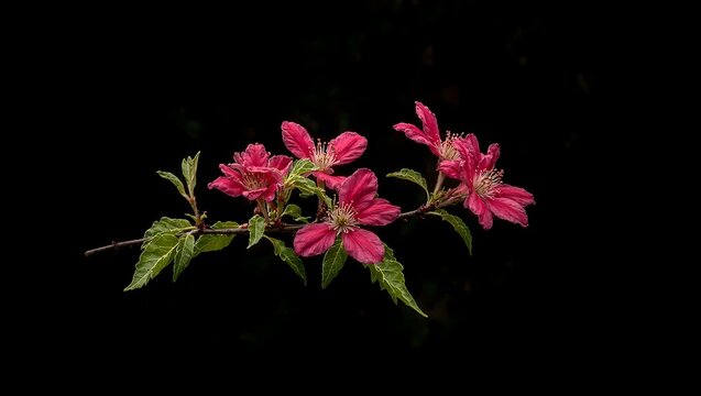 Vibrant redbud tree branch with heart shaped leaves and pink blossoms against a dark backdrop exuding energy and contrast