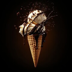 Exploding ice cream cone with vanilla scoops, dark chocolate drizzle, and chocolate shavings against a deep brown background, capturing a moment of indulgent delight.