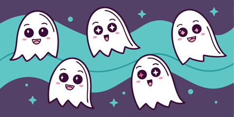 Obraz premium Set of Cute Ghost Vectors with Happy Expressions for Halloween and Spooky Designs