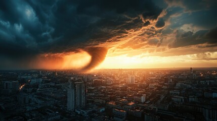 Fototapeta premium A city skyline with a tornado in the distance