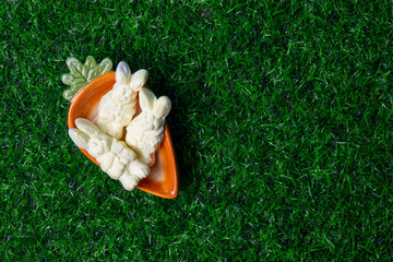 Delightful candy bunnies arranged in a carrot-shaped dish on vibrant green grass during spring festivities