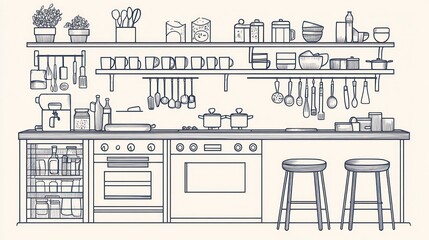 Obraz premium Line art kitchen, shelves, countertop, appliances, stools. Possible use stock photo for home design or cooking blogs