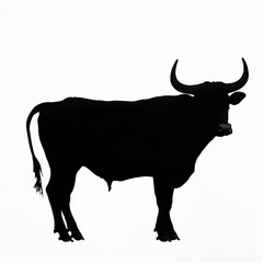A silhouette of a bull with prominent horns, rendered in solid black against a bright white background, capturing its full body profile in a minimalist style.
