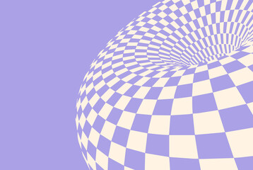 Fototapeta premium Optical illusion white checker 3d. Chess background time hole vector. Spiral line pattern deep trippy tunnel warp distort vortex, check psychedelic board.
