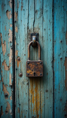 Rusty Padlock Securing an Old Weathered Wooden Door with Cracked Surface