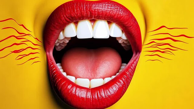 Sensual open mouth with red lipstick is shouting with sound waves coming out, representing communication, beauty, and self expression on a vibrant yellow background