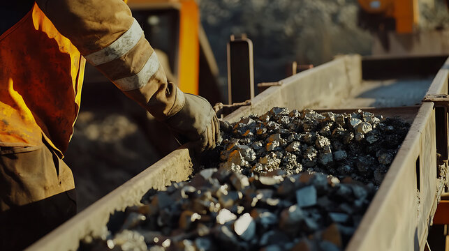Mining worker loading ore onto a conveyor belt at a mining site. Featuring ore transportation and mining process