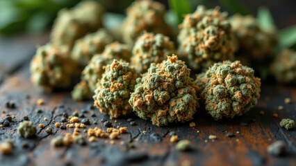 Bunch of THC-A crystals on a wooden surface with herbs around them.