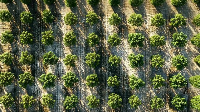 Aerial view of a symmetrically aligned cultivated land showcasing lush green tree rows