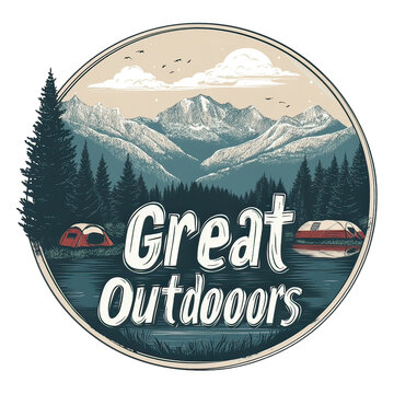 Camping Adventure Emblem with Nature Icons &ndash; Vintage Wilderness Badge Featuring Hiking, Survival Elements, Mountains, Trees, and Outdoor Gear Design for Scouts and Explorers