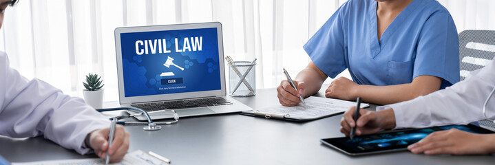 Civil law brisk information showing on computer screen for Common Justice Legal Regulation Rights...