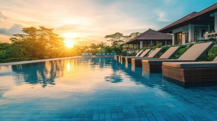 Obraz premium Serene Sunset Over Luxury Poolside with Sun Loungers and Greenery