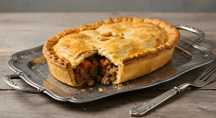 Homemade Meat Pie On An Ornate Silver Tray With Wooden Background