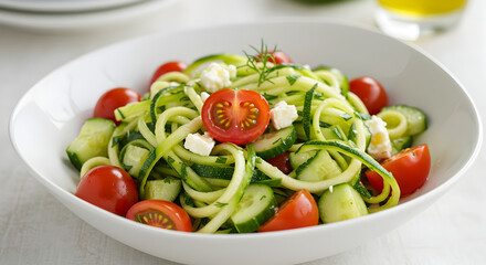 Fresh Zucchini Noodles With Cucumbers And Tomatoes Salad Healthy Summer Dish