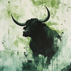 Black bull with curved horns painted in a shadowy style, surrounded by abstract green splashes and drips, evoking a dynamic and striking visual contrast.