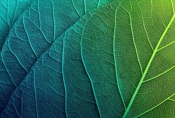 Obraz premium Gradient Leaf Veins. Microscopic view of leaf veins transitioning from teal to yellow-green. Applications: scientific posters, art prints, or environmental education.