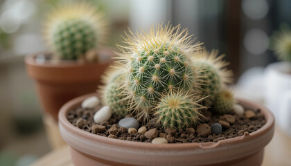 Cactus in Pot: A close-up of a small cactus in a terracotta pot with white stones, surrounded by other potted cacti. The cactus is a symbol of resilience, strength.