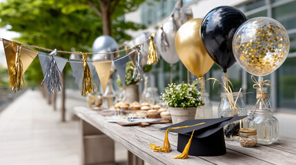 Elegant graduation celebration setup featuring balloons, cupcakes, and decorative table arrangement