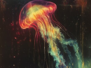Fototapeta premium Radiant Jellyfish in the Abyss: An Ethereal Underwater Creature with Glowing Tints Amidst the Dark Depths, a Captivating Dance of Light and Mystery in the Ocean's Realm.