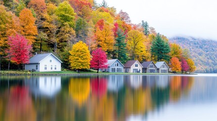 Obraz premium Serene autumn lakeside reflection vibrant fall foliage and calm water