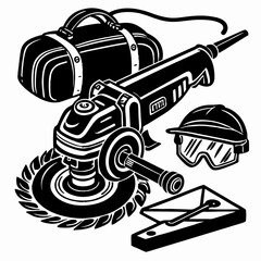 Construction Tools Vector Art Including Circular Saw,Safety Glasses,And Toolbox