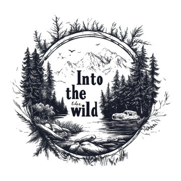 Camping Adventure Emblem with Nature Icons &ndash; Vintage Wilderness Badge Featuring Hiking, Survival Elements, Mountains, Trees, and Outdoor Gear Design for Scouts and Explorers