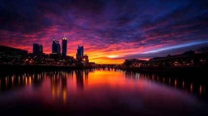 Fototapeta premium Vibrant sunset over a city skyline reflected in calm waters.