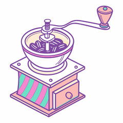 Illustrated Isometric Coffee Grinder With Vintage Design And Pastel Color Palette