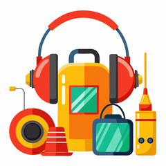 Naklejka premium Work Safety Tools Flat Vector Illustration For Industrial And Construction Site Equipment