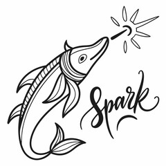 Swordfish With Spark Vector Illustration Design In Black And White Color