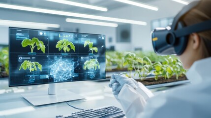 Innovative agricultural technology virtual reality in plant growth monitoring research lab visual data analysis futuristic setting expert perspective