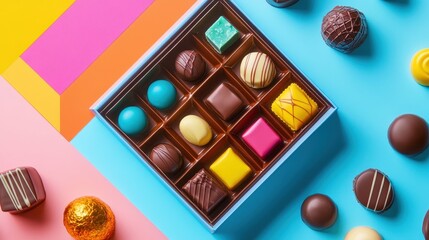 Assorted Gourmet Chocolates in a Colorful Box with Vibrant Patterns on a Multi-Toned Background